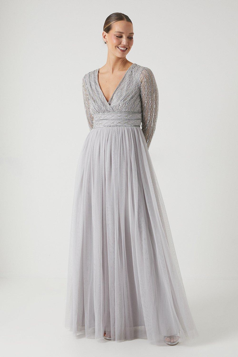 Mixed Bead Long Sleeve Two In One Bridesmaids Dress - Grey Mist